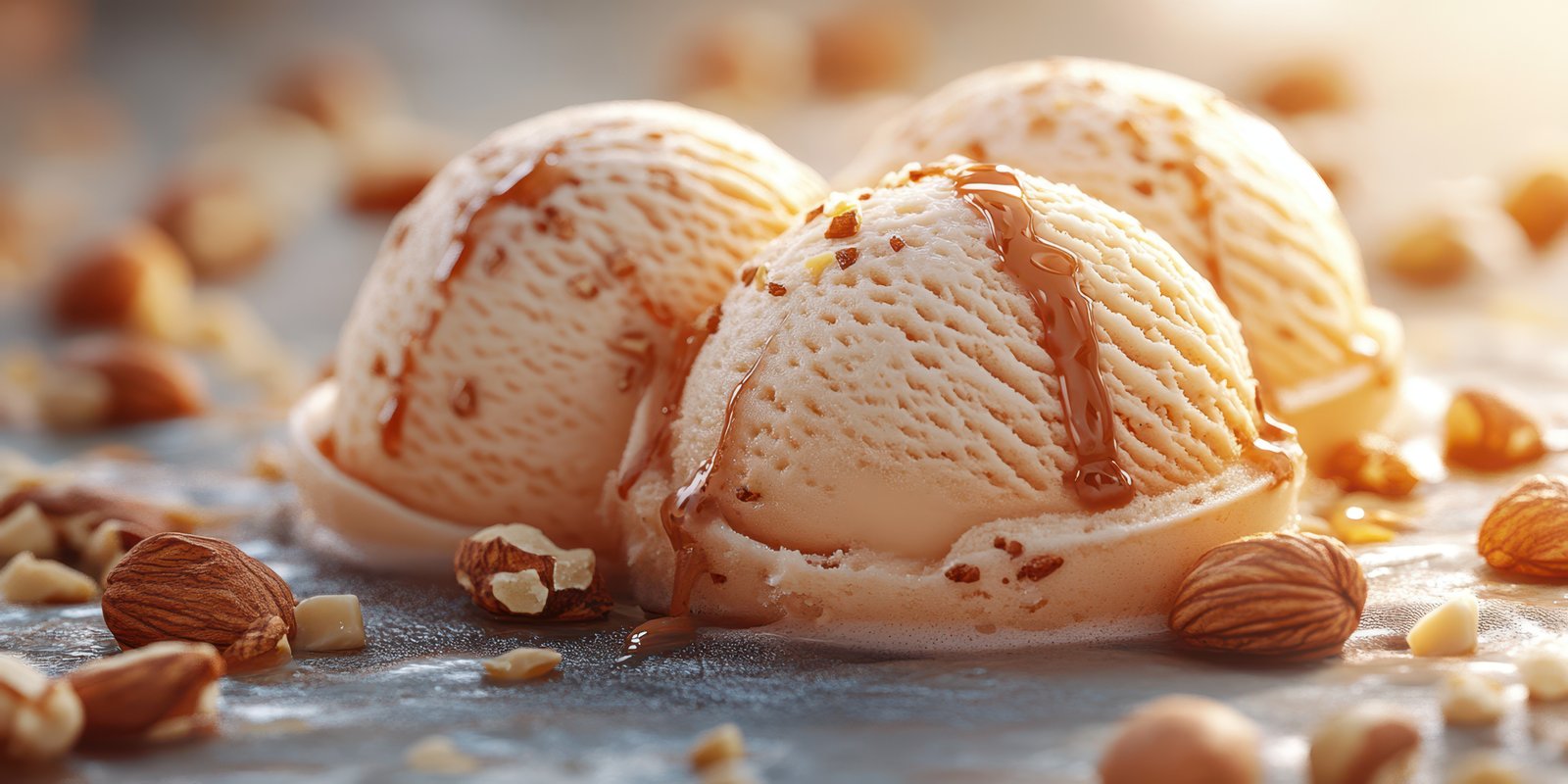 Delicious scoops of creamy almond ice cream drizzled with sweet caramel sauce